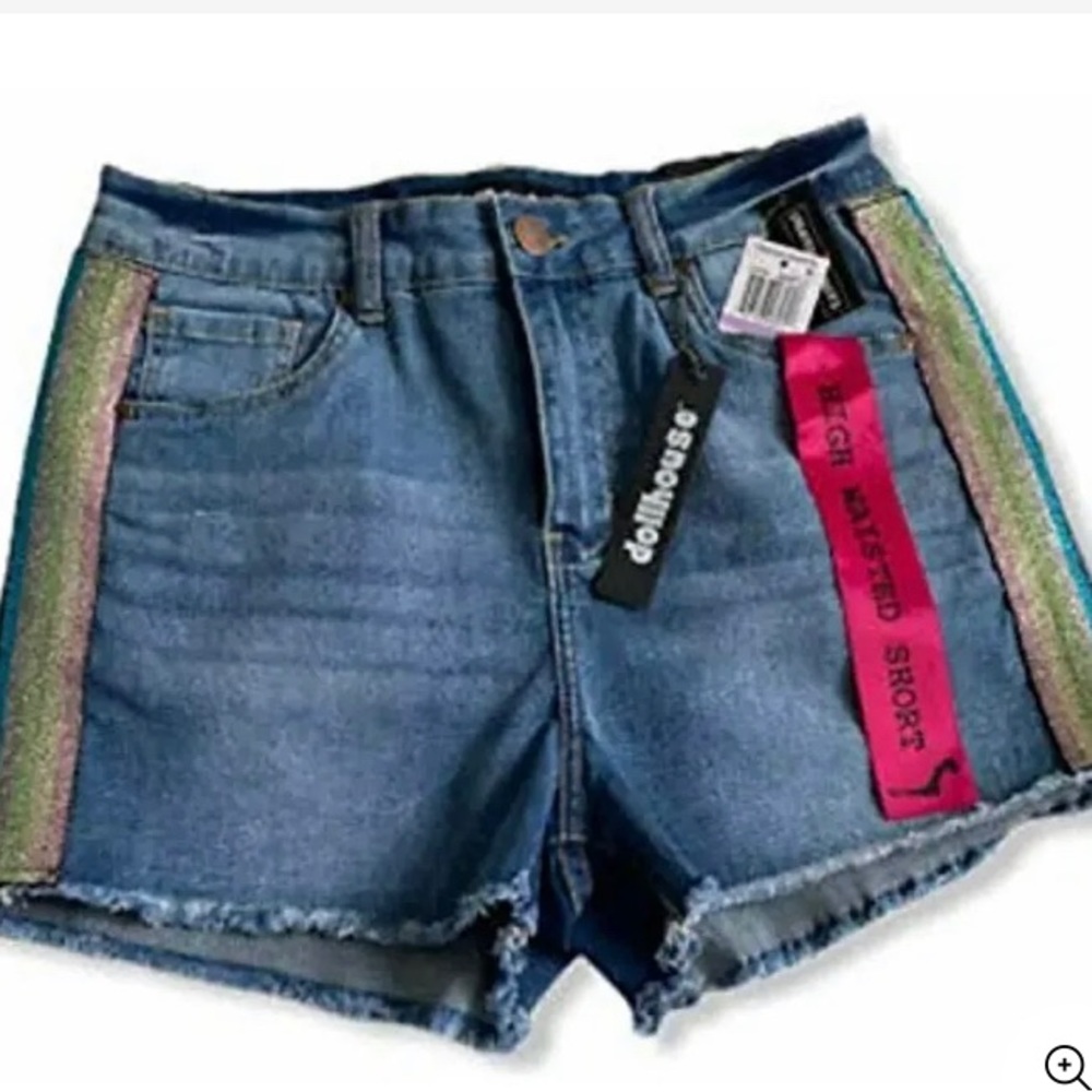 Dollhouse Rainbow-Stripe High-Waist Denim Shorts Waist 31/L